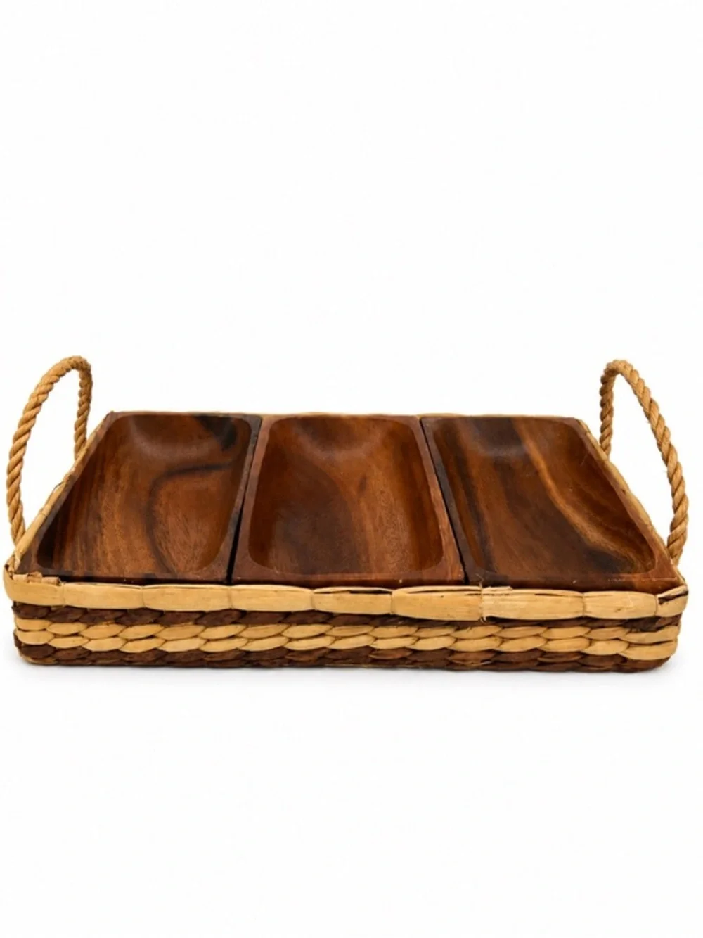 Vintage Teak Divided Serving Tray with Woven Basket & Rope Handles 💕